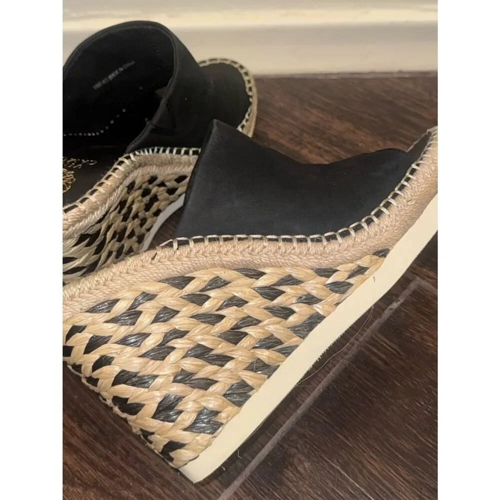 Vince Camuto Brissia Black Leather Espadrille Wedge Mules Sandals Size 9M/40 EUC